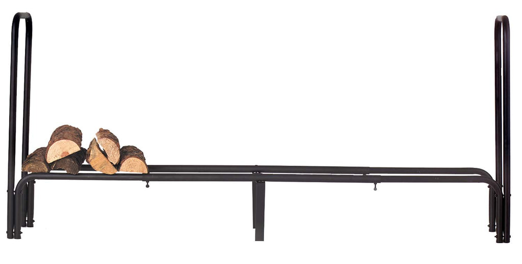 Black adjustable log holder rack with two end posts and horizontal support bar