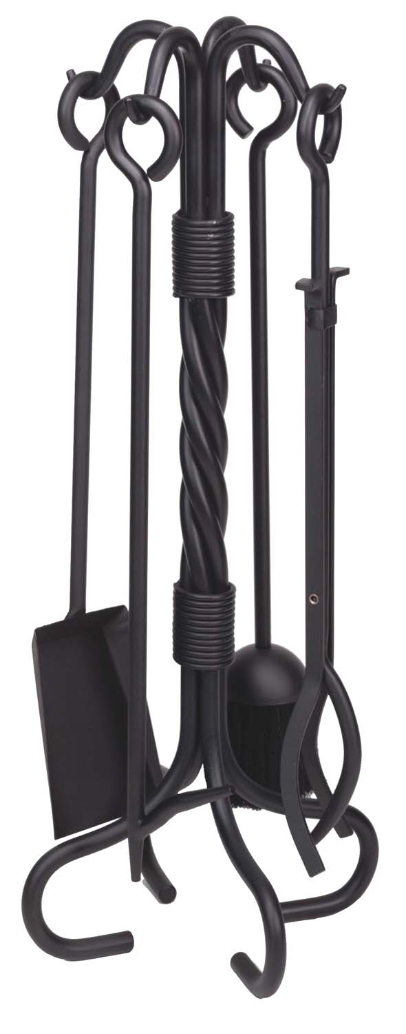 Black wrought iron fireplace tool set with five tools on decorative stand