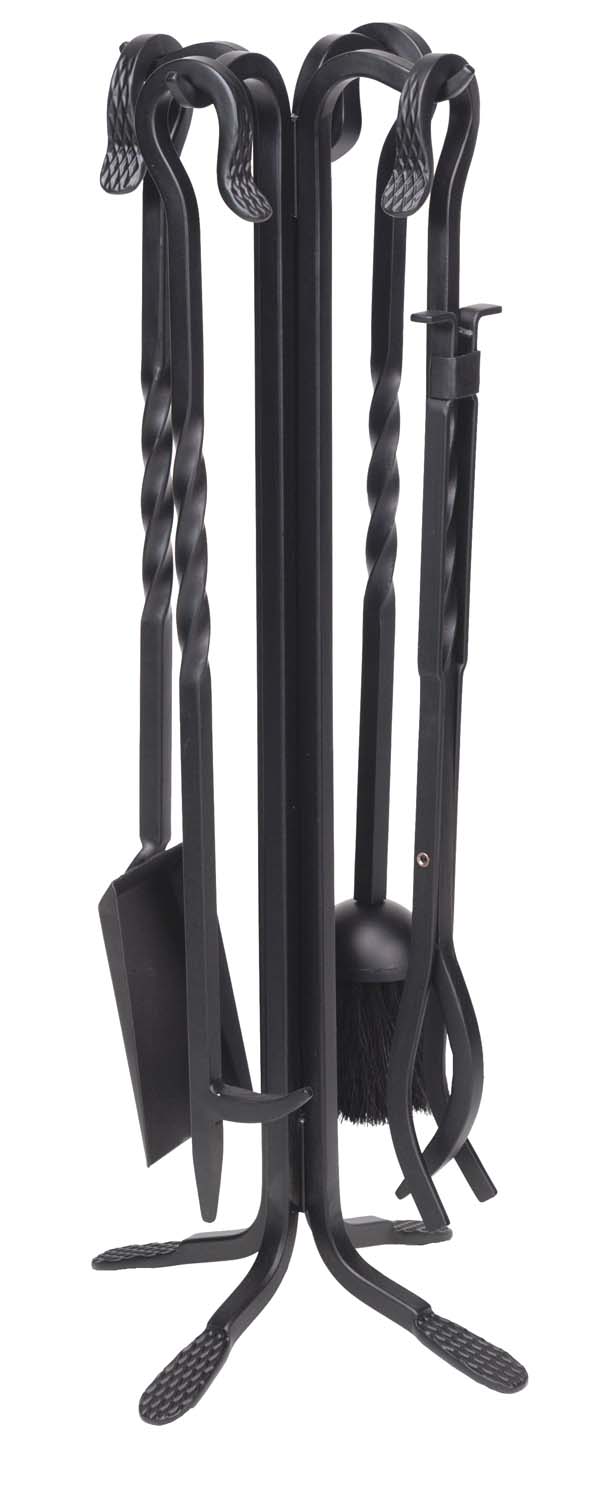 Black wrought iron fireplace tool set in stand with twisted handles and accessories