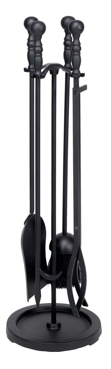Black fireplace tool set with stand and several long-handled tools