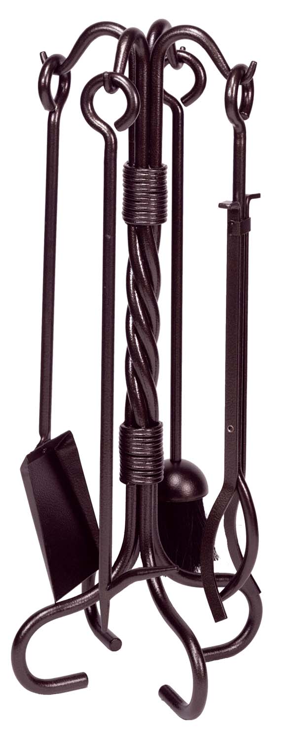 Bronze wrought iron fireplace tool set with arched stand and five tools