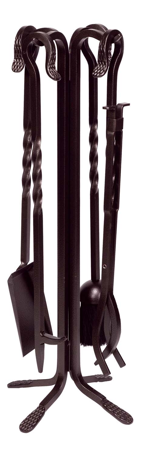 Bronze wrought iron fireplace tool set with twisted handles and stand