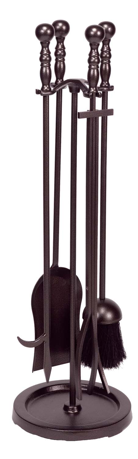 Bronze fireplace tool set with stand and four tools