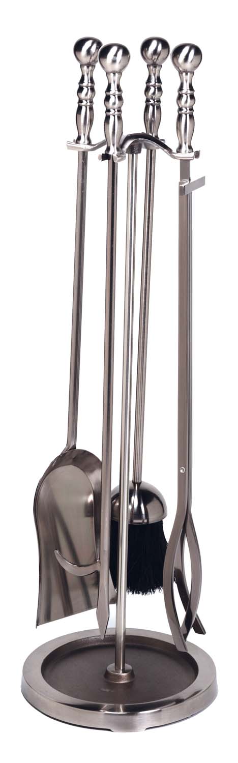 Pewter fireplace tool set with stand, five metal tools