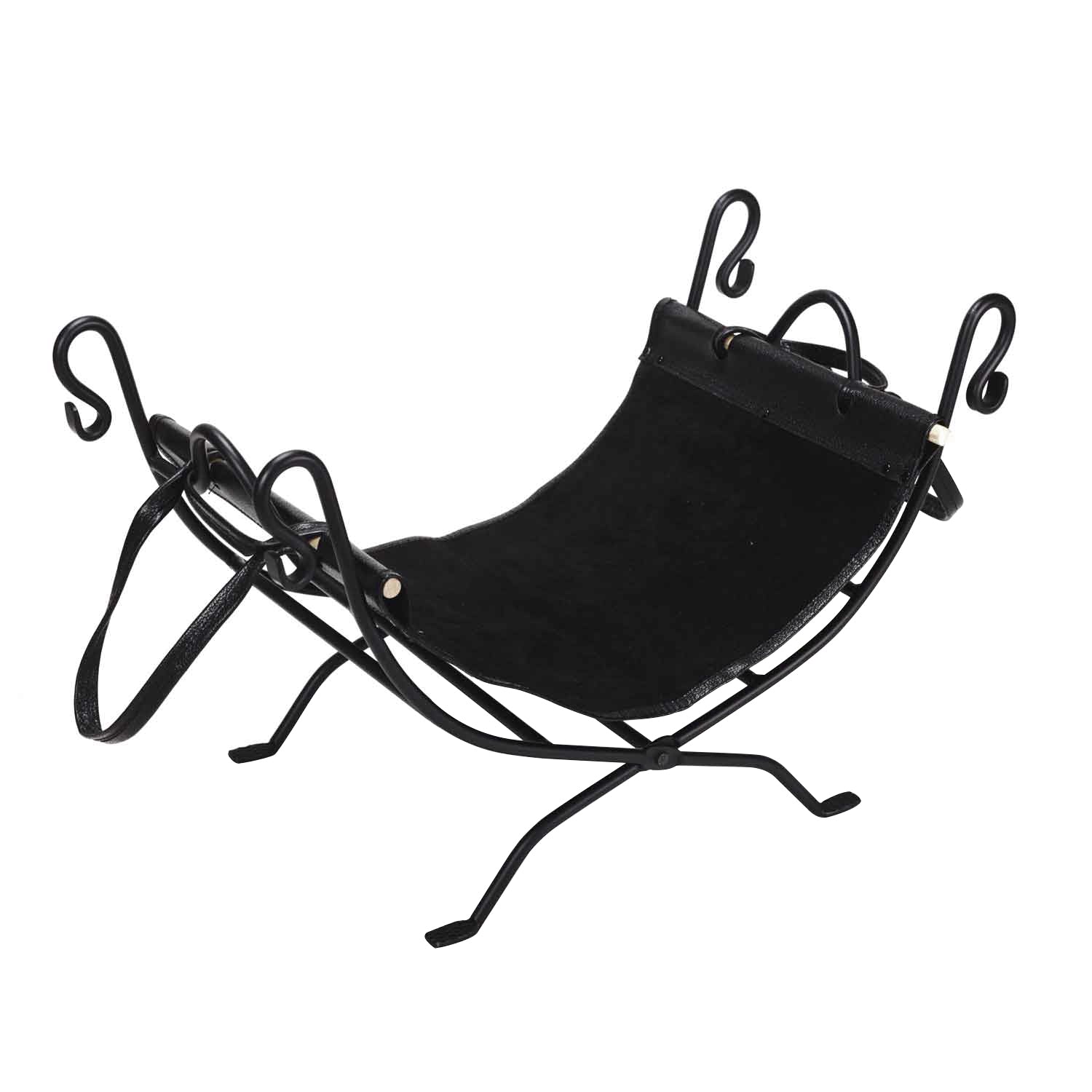 Black wrought iron log holder with curved tray and folding stand legs, carry handles