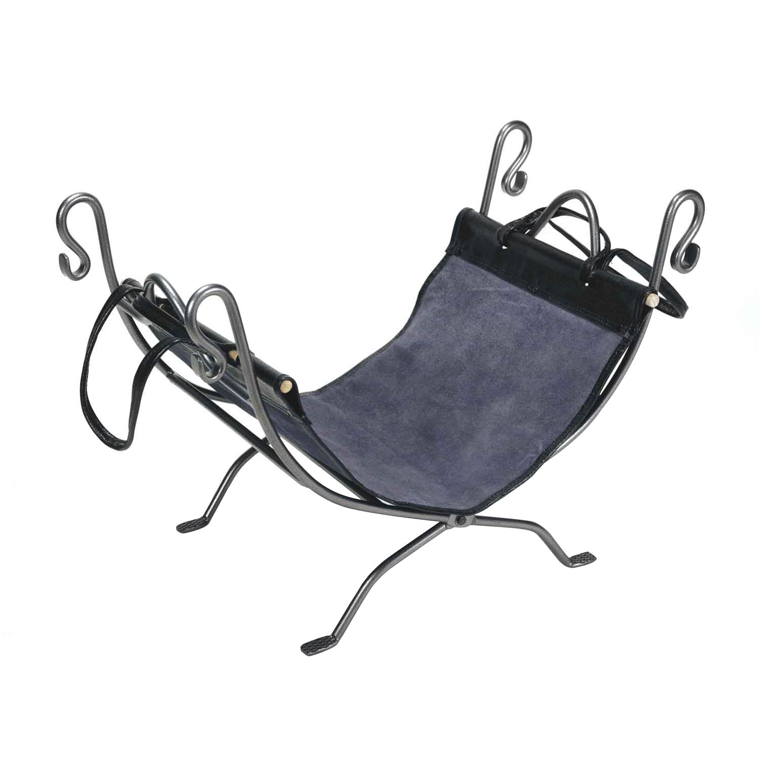 Black wrought iron log holder with fabric base and curved legs