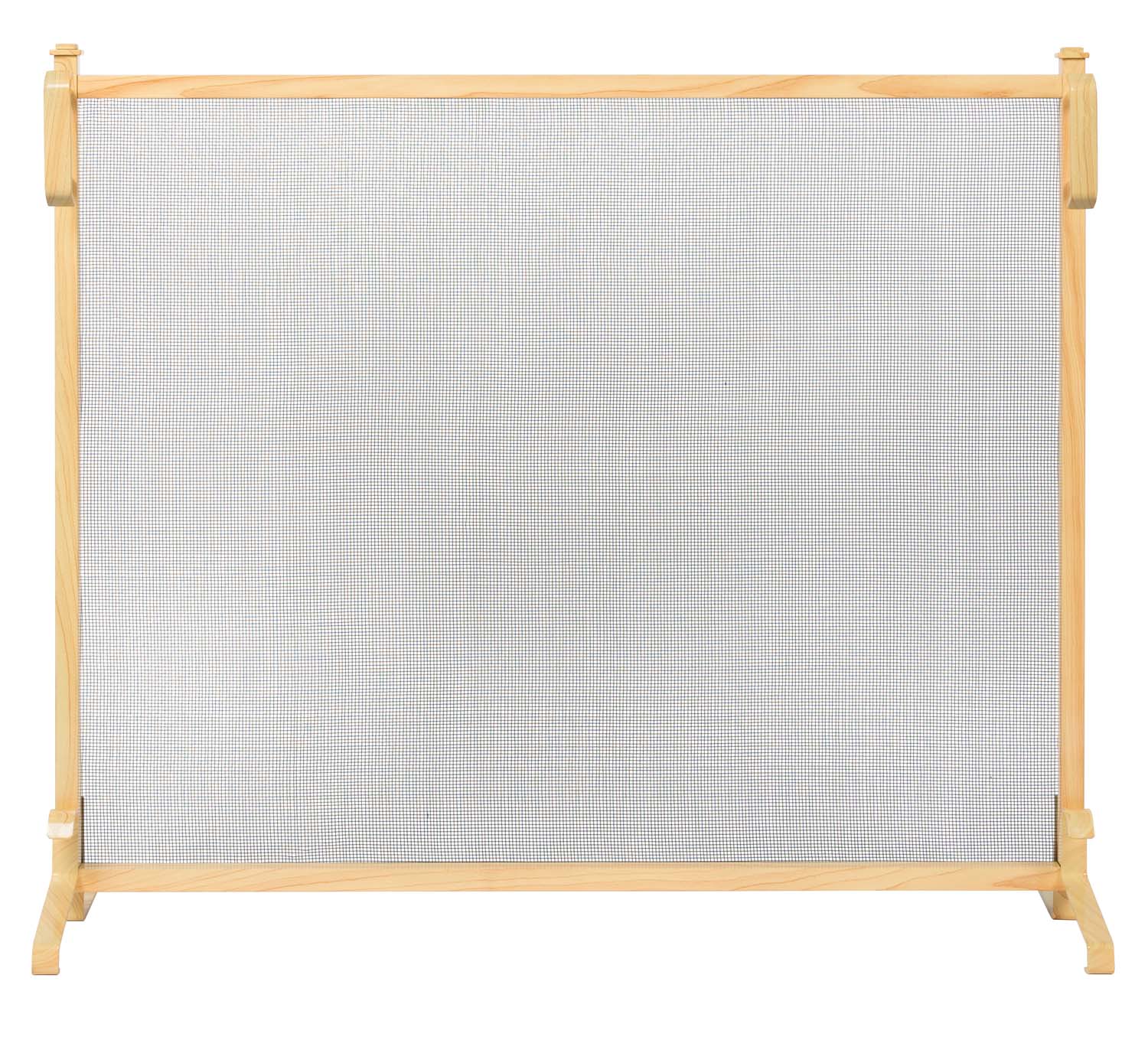 Wood grain fireplace screen with light wooden frame and fine mesh panel