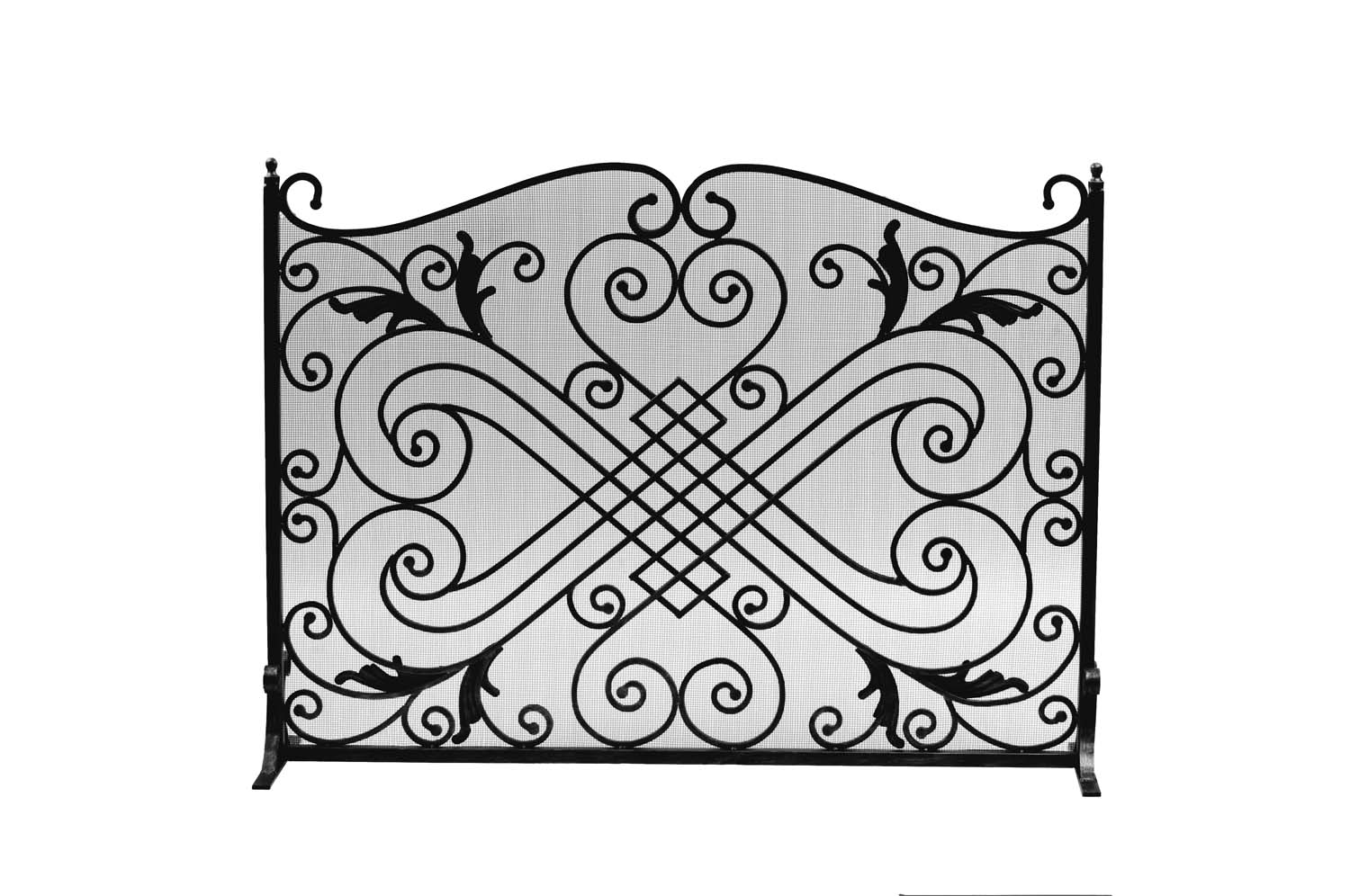 Black arched fireplace screen with wrought-iron scrollwork and diamond lattice center