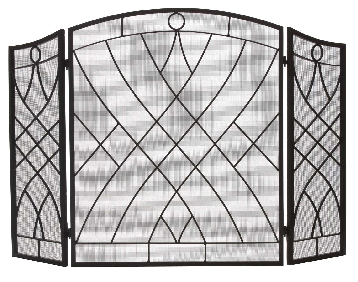 Arched three-fold wrought iron fireplace screen in dark black with decorative lattice panels