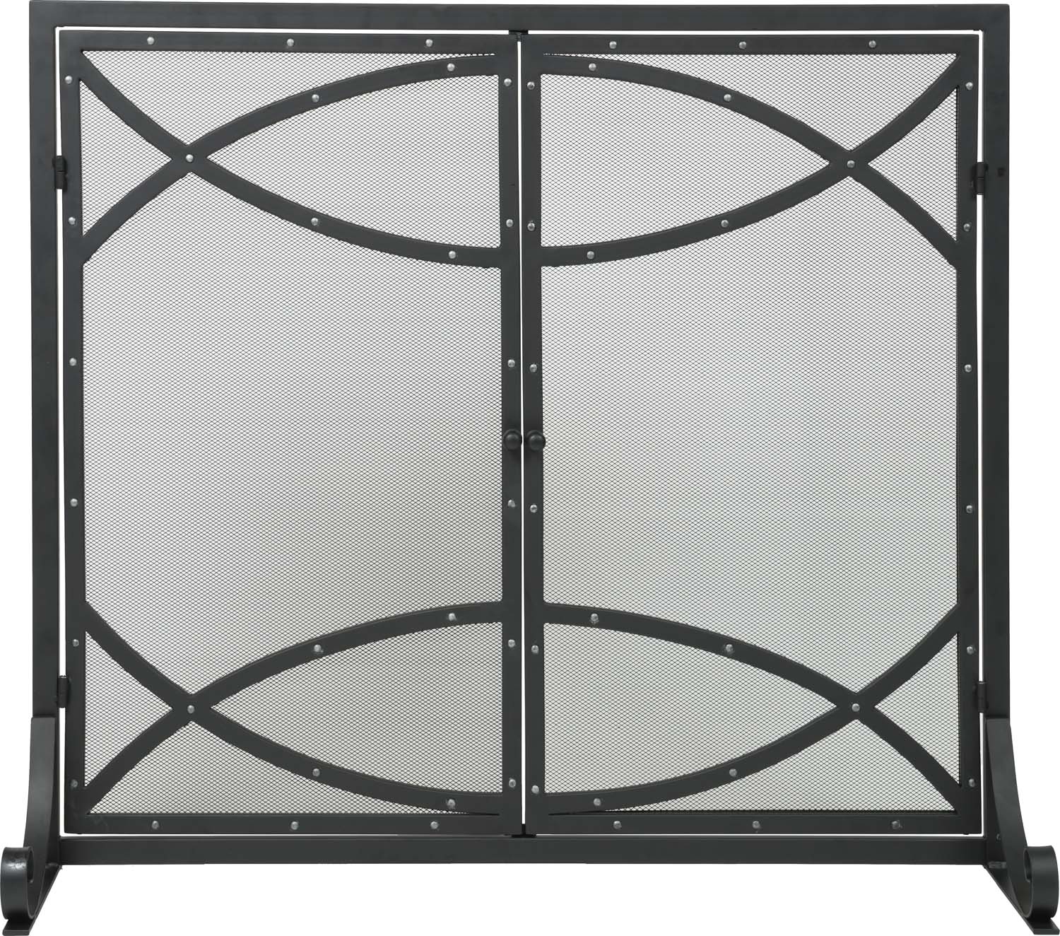 Black fireplace screen with double doors, mesh panels, arched X and silver rivets