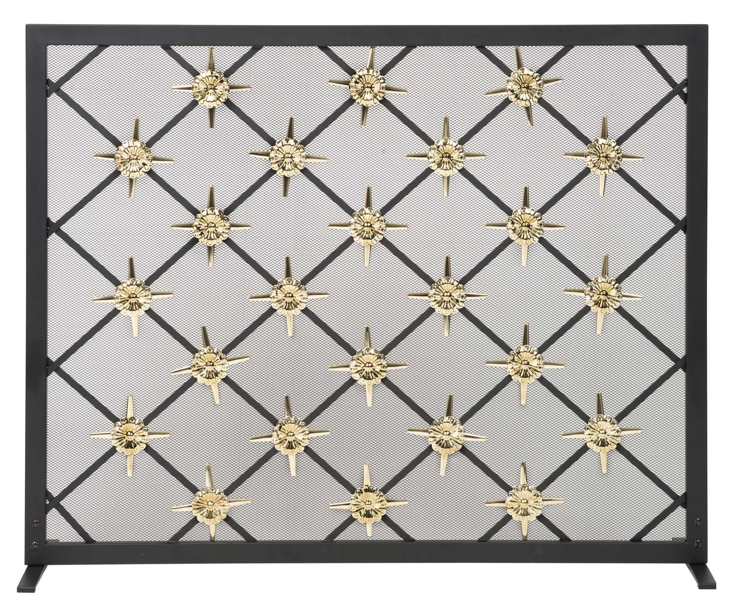 Fireplace screen with black frame and gold starburst pattern on mesh