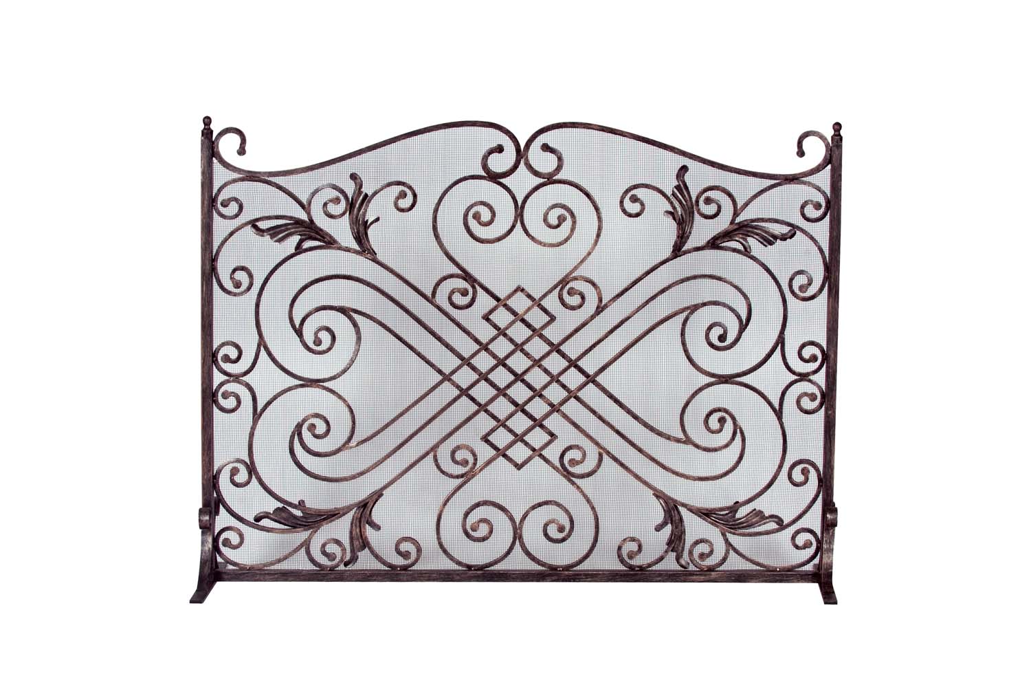 Copper and black arched fireplace screen with ornate scrollwork