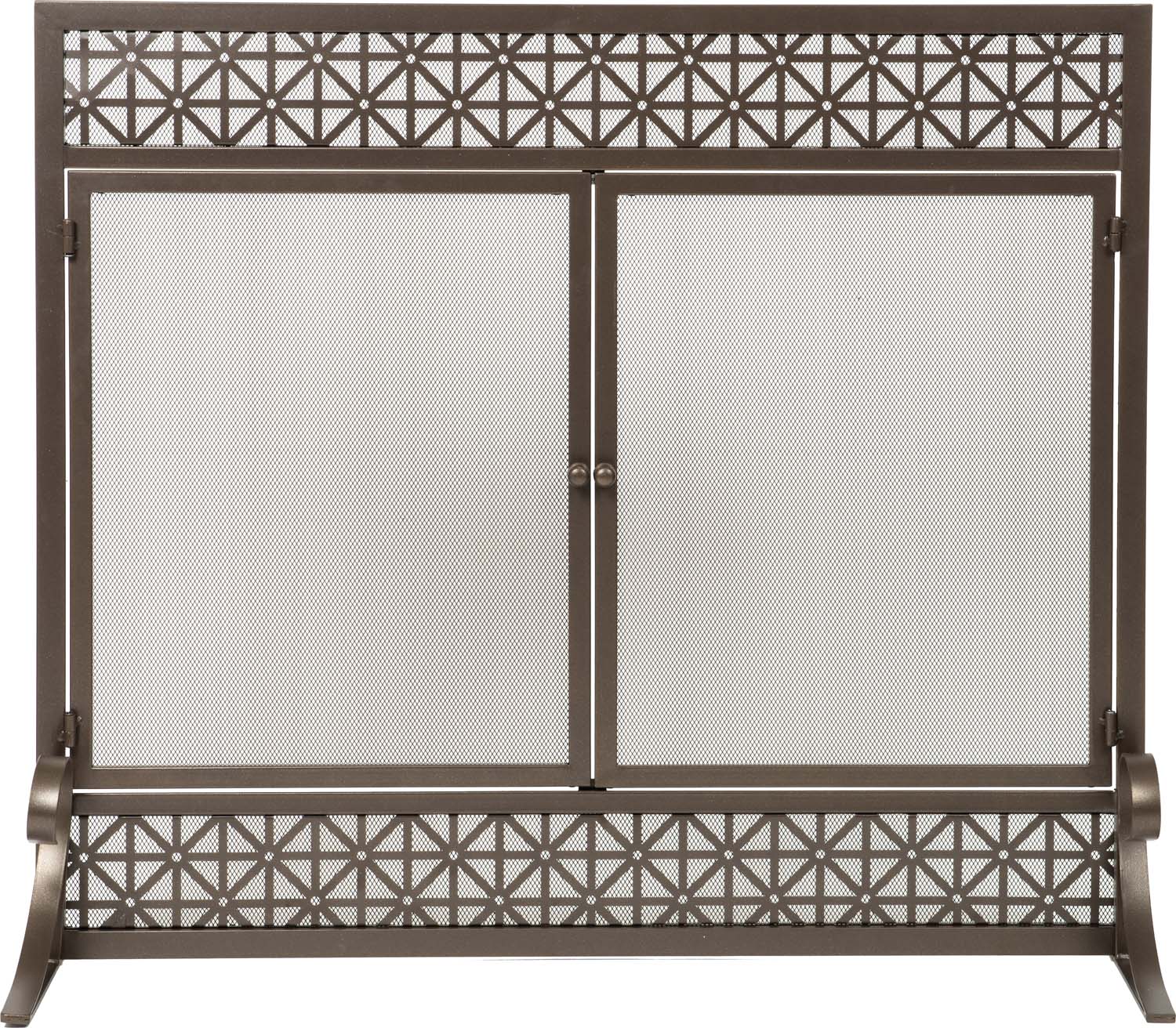 Fireplace screen with two metal doors and filigree frame, dark bronze finish