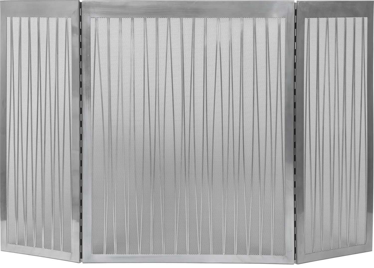 Three-fold satin nickel fireplace screen with vertical mesh panels
