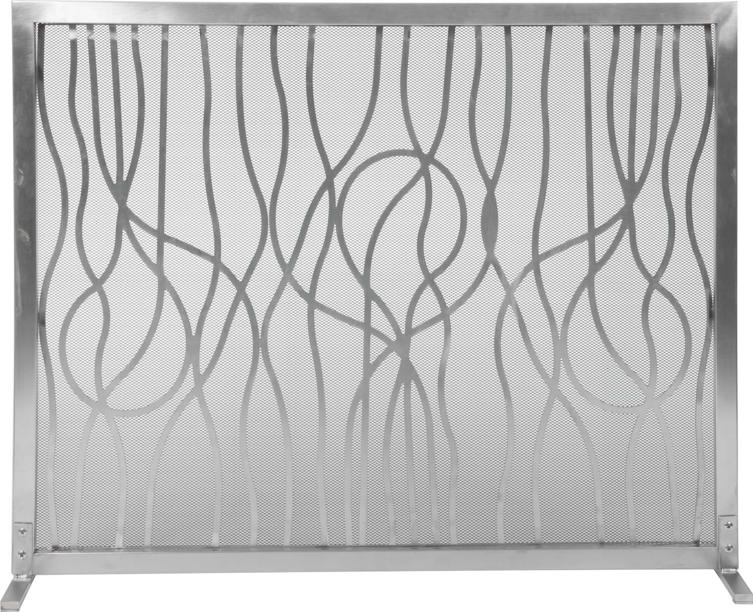 Stainless steel fireplace screen with arched scrollwork mesh, rectangular frame