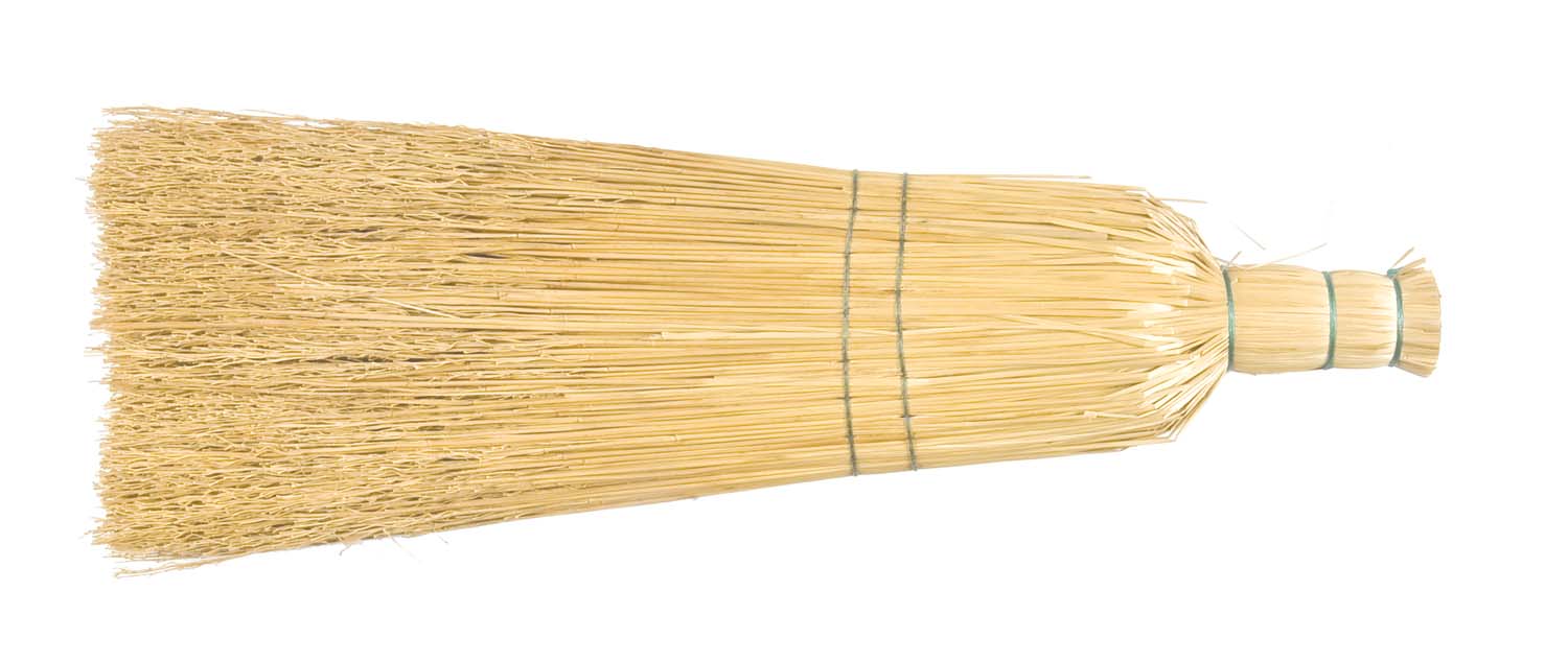 Replacement rice broom bristles, tan straw brush head with tied bundle and short handle