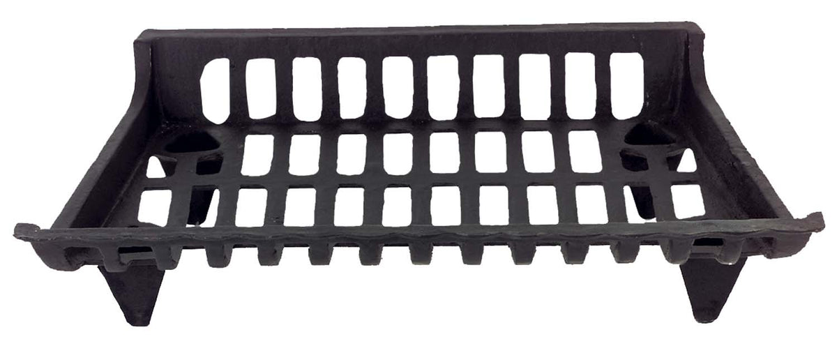 Black metal basket grate with grid bars and support frame