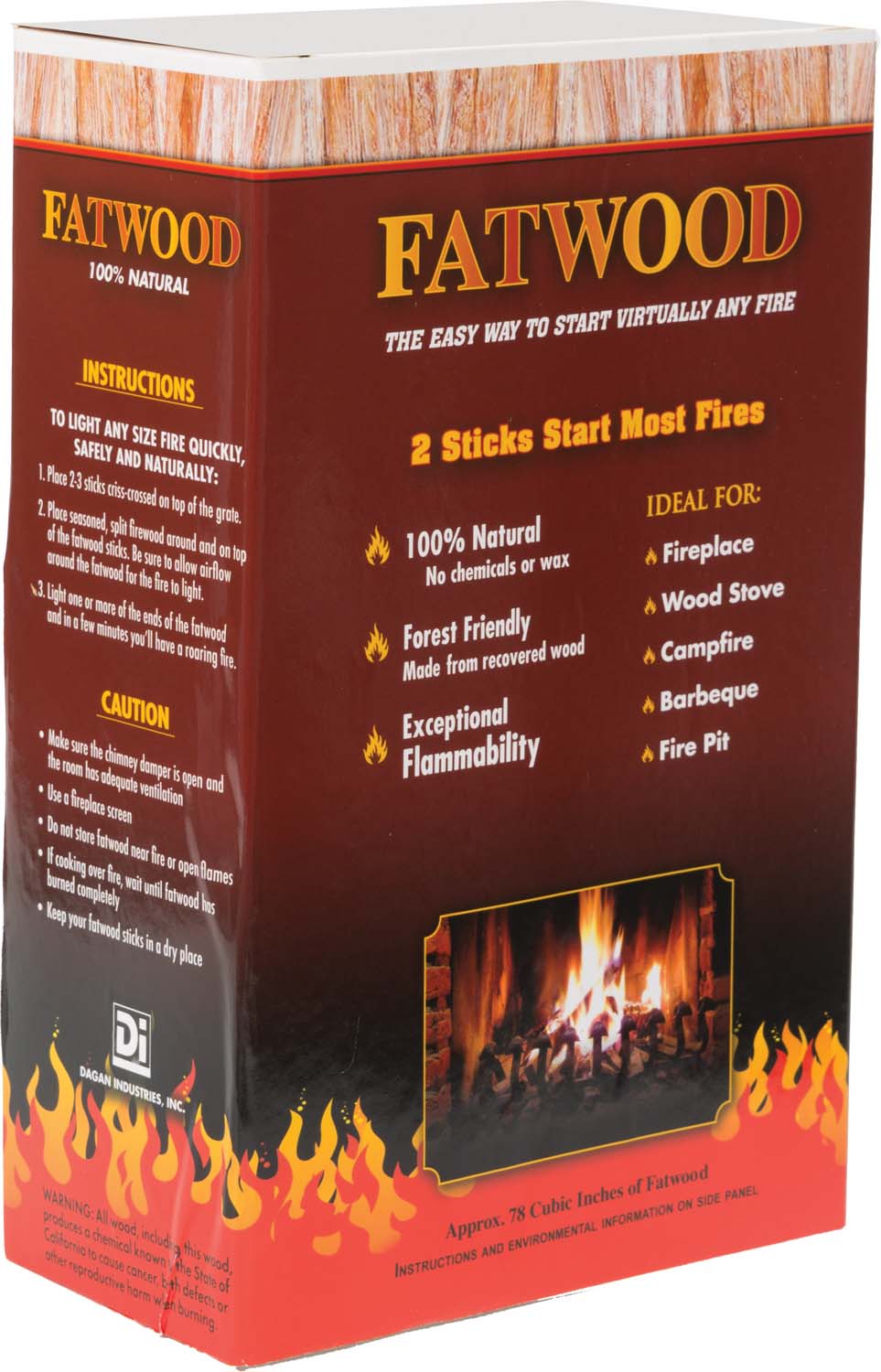 Fatwood firestarter in a box package, brown with yellow logo and flame graphics