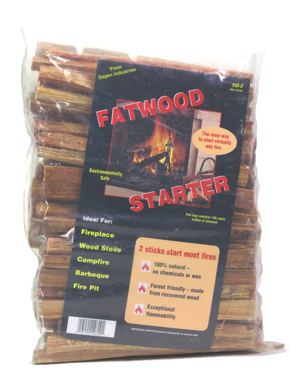Fatwood firestarter bag with bundled wooden sticks for fireplace and fire pit