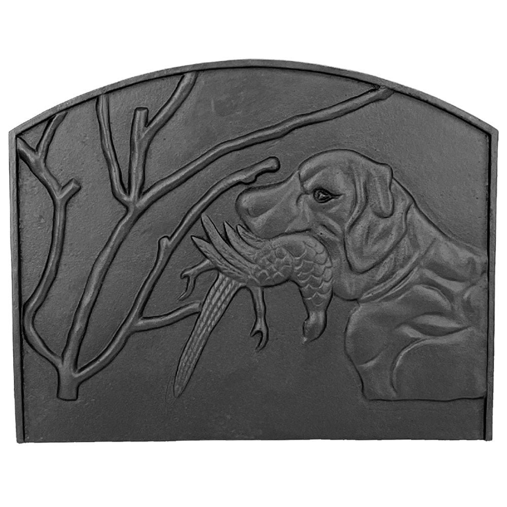 Cast iron dog fireback with raised hound relief and branch design, black finish, 19x15 in