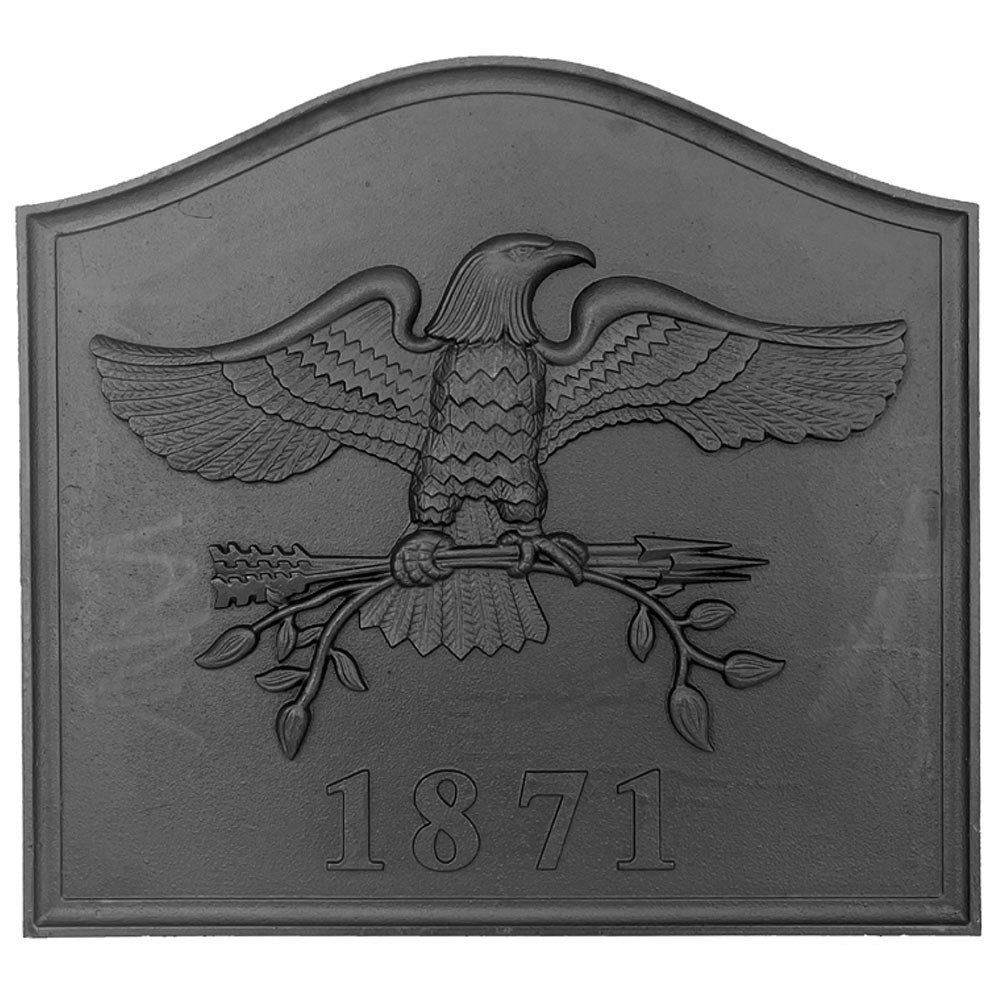 Cast iron eagle fireback plaque with raised eagle and 1871, dark gray