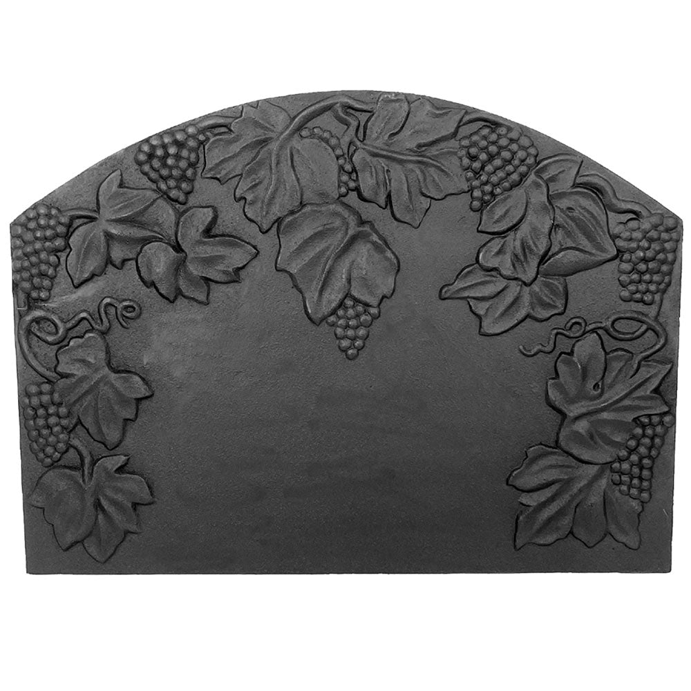 Dagan black cast iron grape fireback with embossed grape and vine border