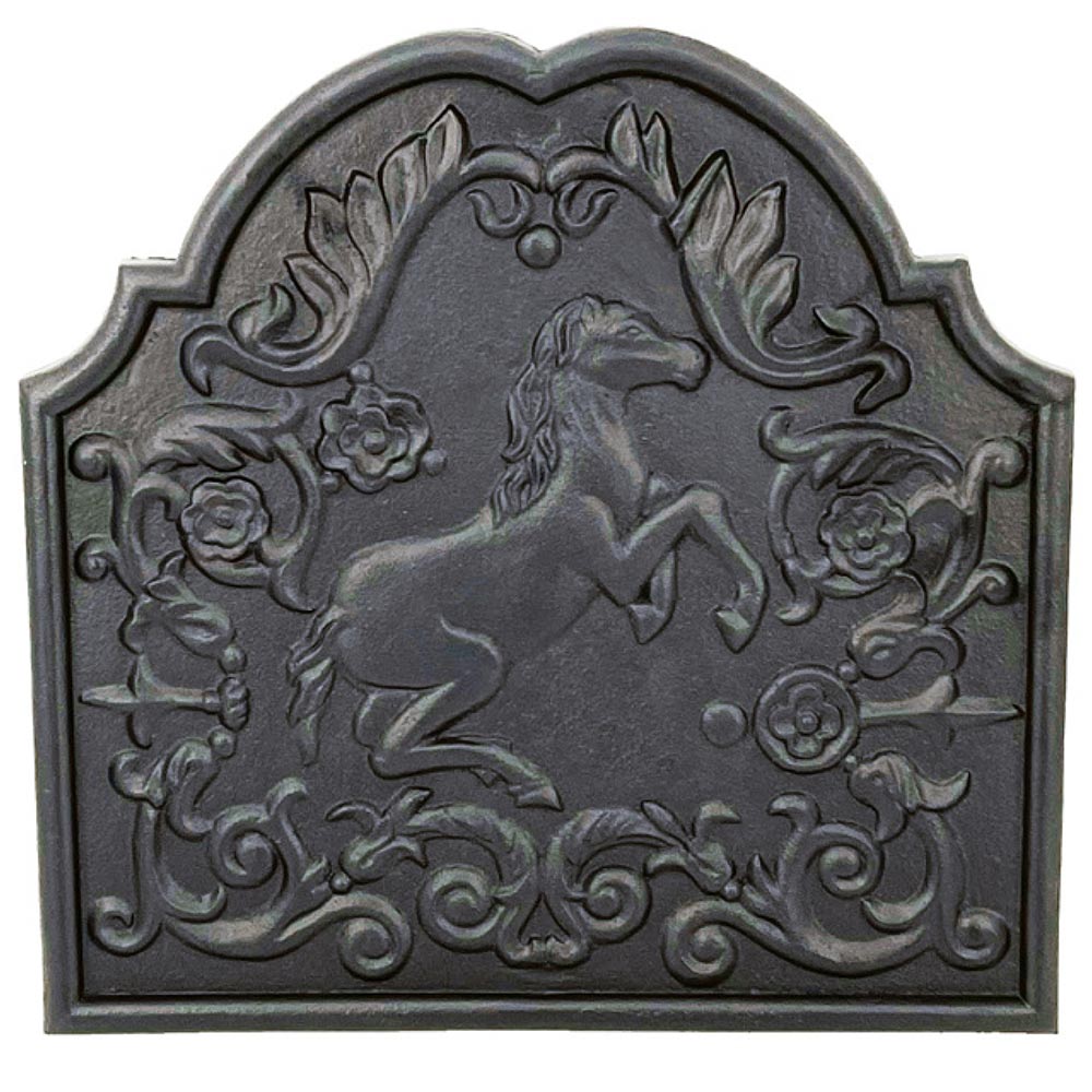 Cast iron horse fireback with arched relief border and floral scroll details, dark.