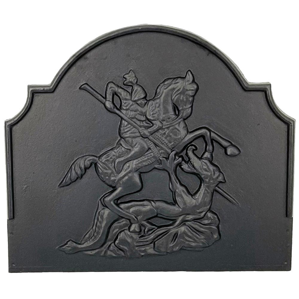 Cast iron knight fireback, arched dark gray panel with raised knight relief