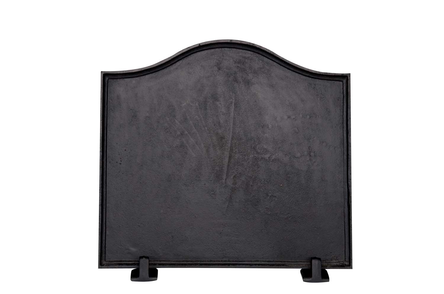 Black cast iron fireback with arched top and two display feet