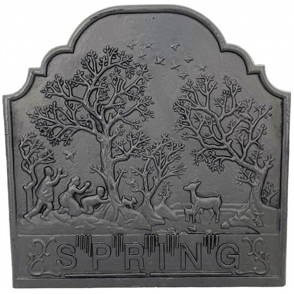 Black cast iron fireback with embossed spring trees, animals, people and 'SPRING' text