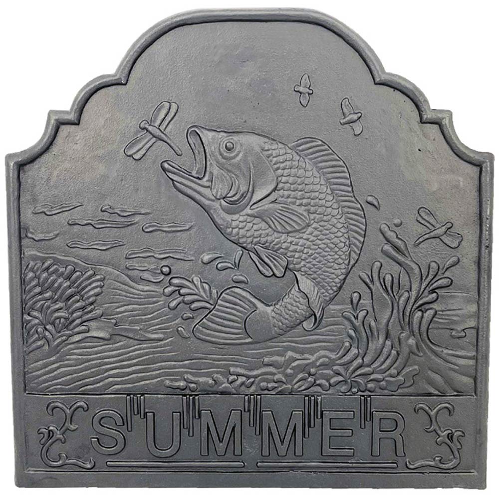 Cast iron fireback with embossed fish, waves, and SUMMER lettering