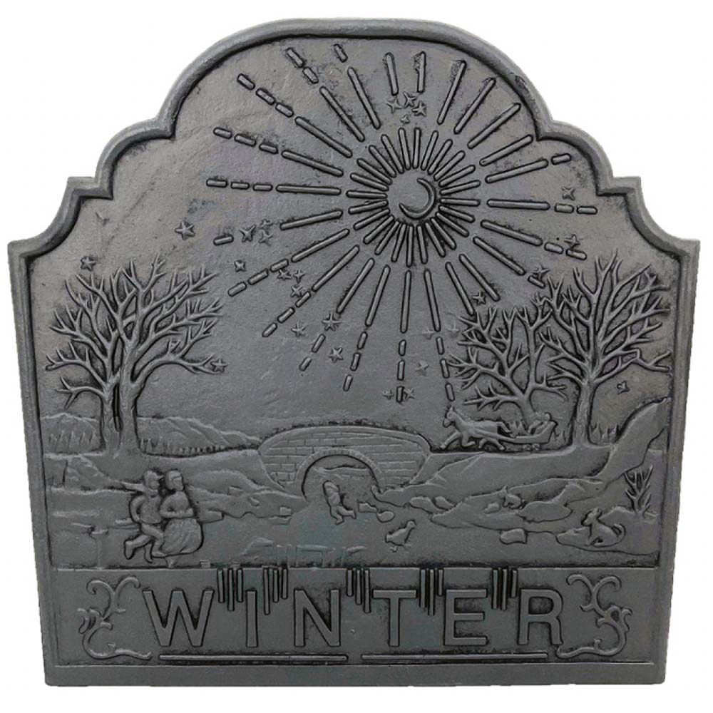 Dagan black cast iron winter fireback with raised scene and 'WINTER' lettering