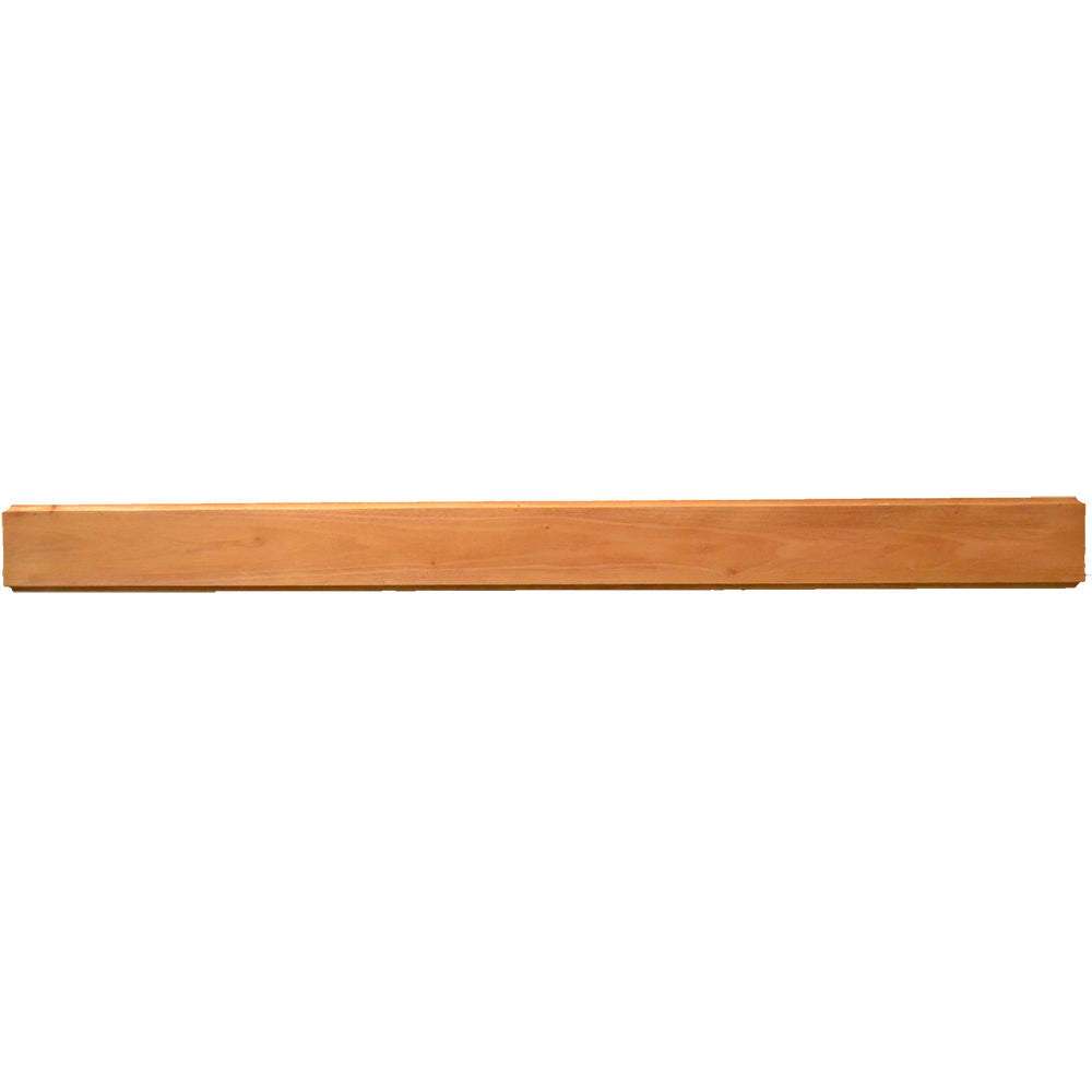 Mahogany mantel shelf, 70-inch, sanded wood plank with beveled edges.