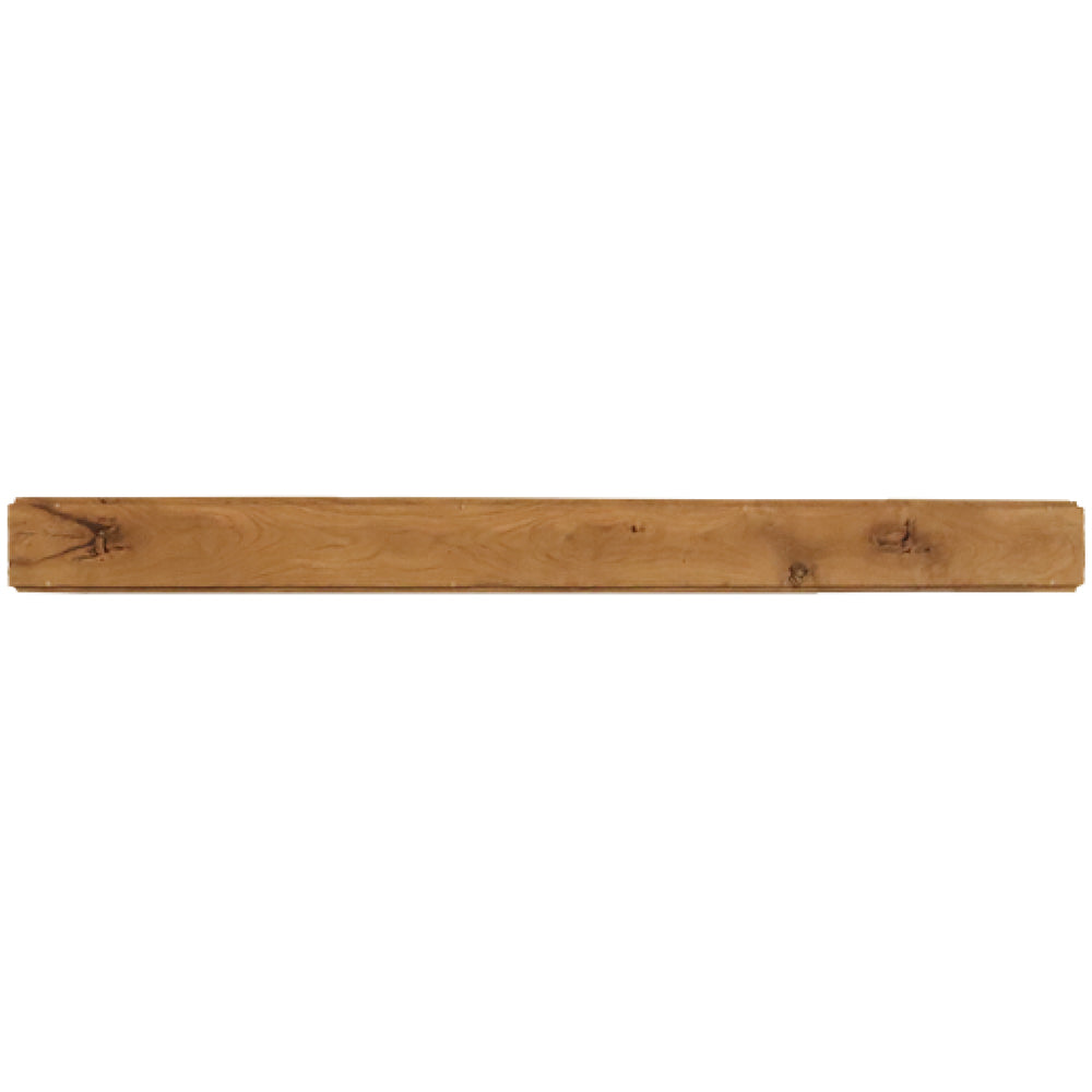 Rustic teak mantel shelf, 60-inch wooden plank with straight front edge.