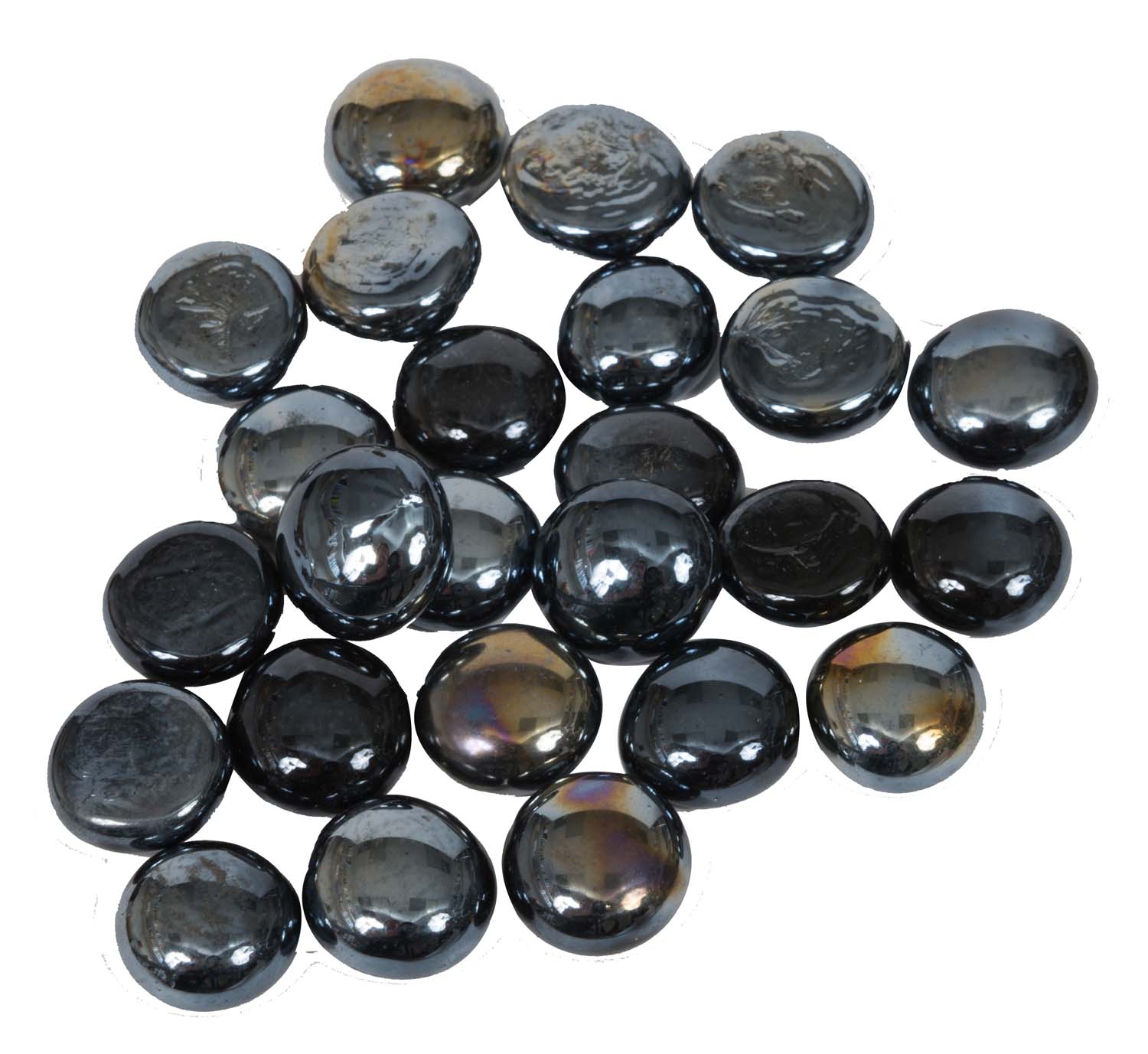 Round black iridescent fire beads, 3/4-inch diameter, metallic swirl finish.