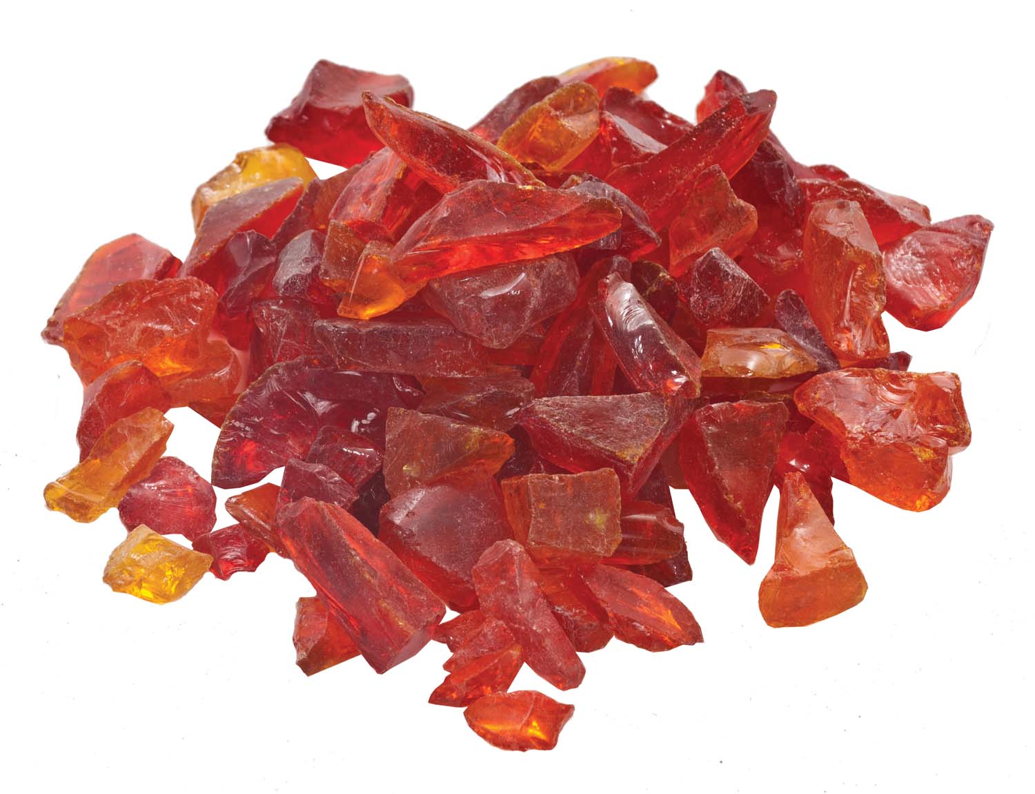 Orange and red translucent glass firepit shards