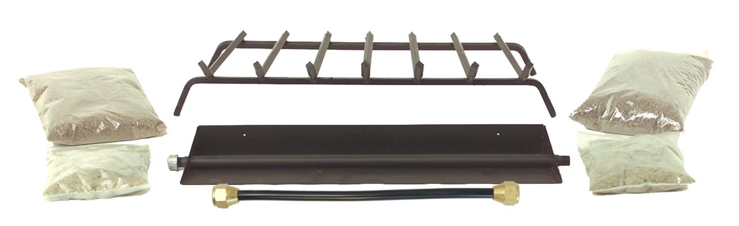Gas log kit with black metal grate, side panels, and wrapped log bundles