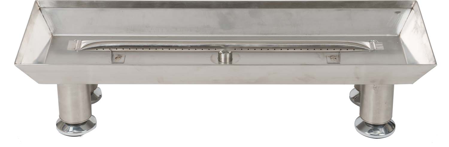 Stainless steel burner pan with straight burner and mounting bracket, rectangular tray.