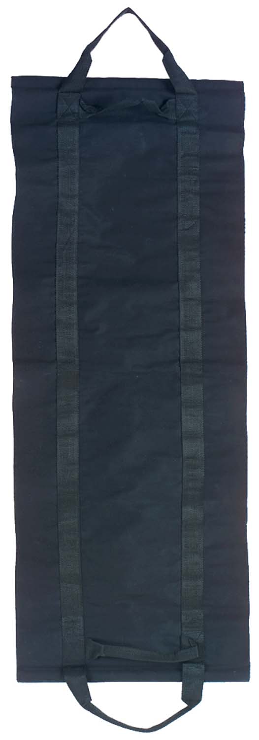 Log carrier bag with carry handles and side straps, dark fabric.