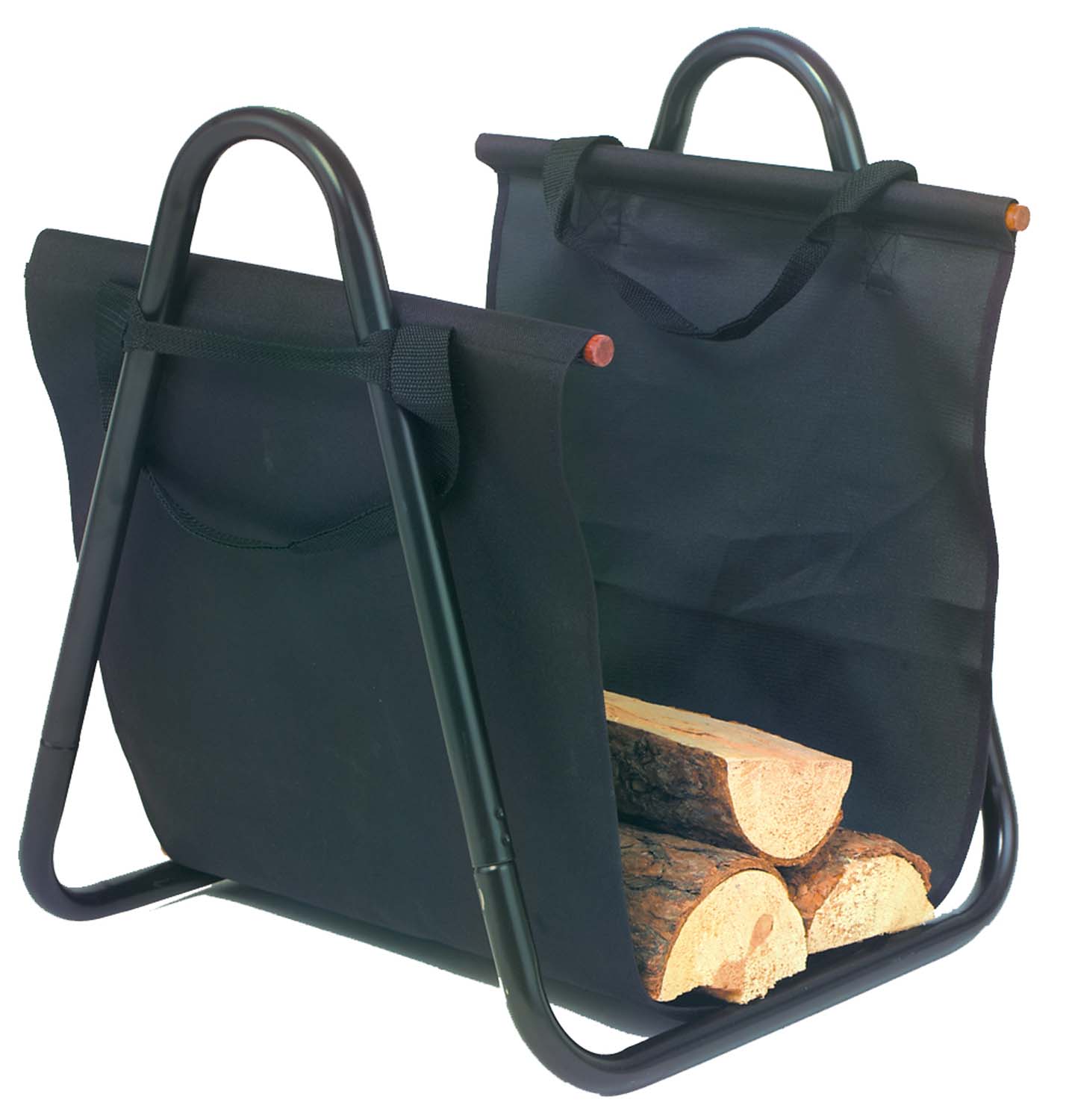 Dagan log holder tote with two handles and webbing sides, holding stacked firewood