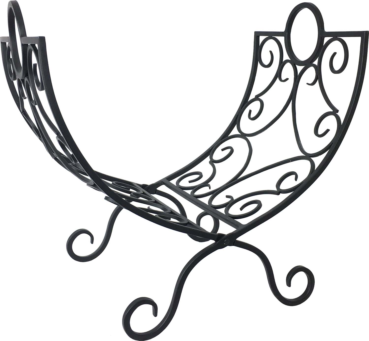 Black wrought iron log holder with scrollwork base and curved log stand
