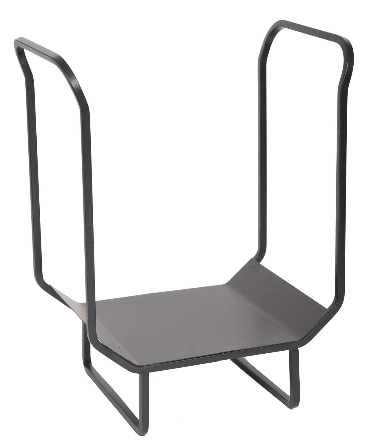 Black metal log rack stand with open front and curved side handles