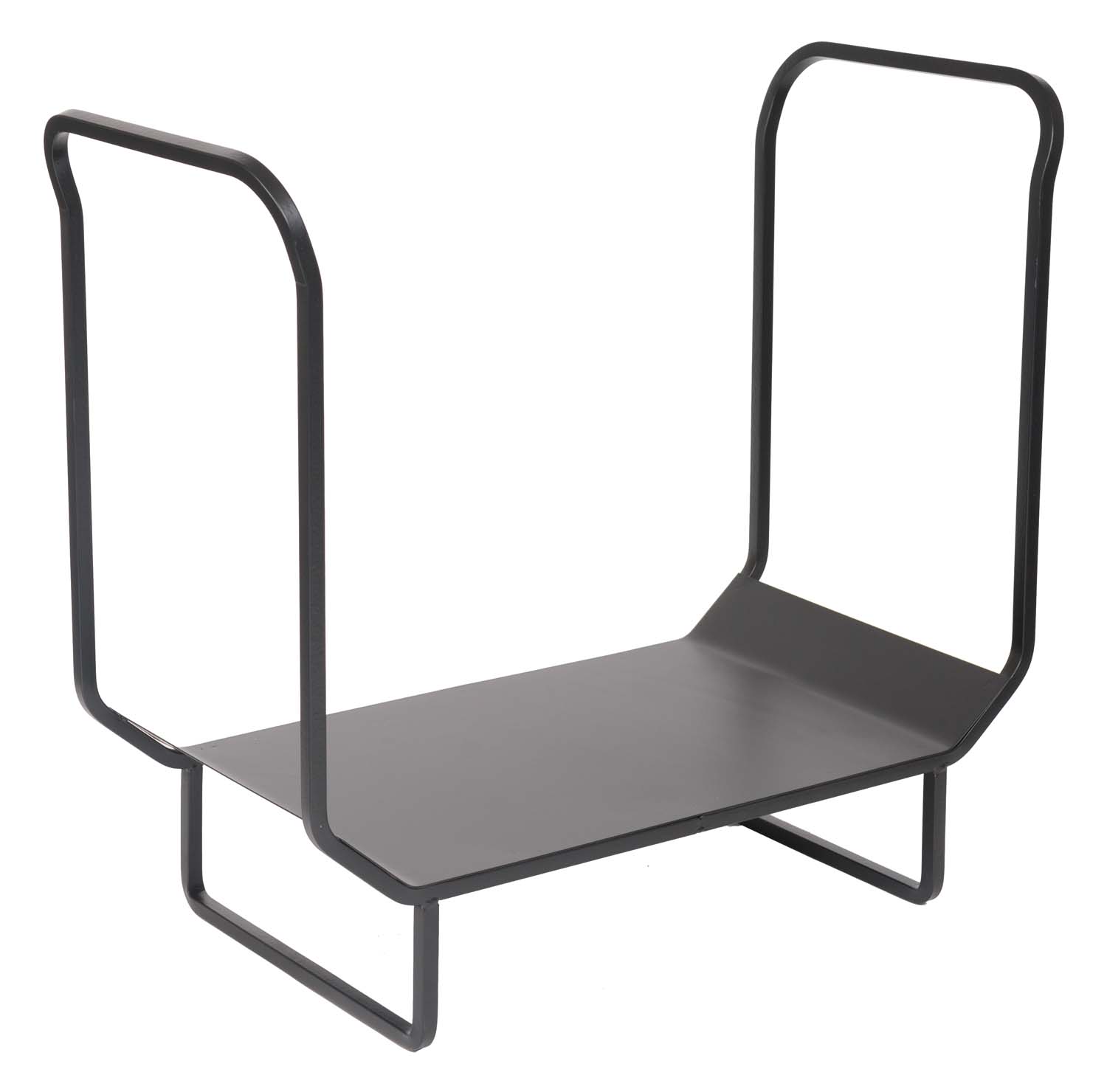 Black metal log rack with two upright sides and flat base platform