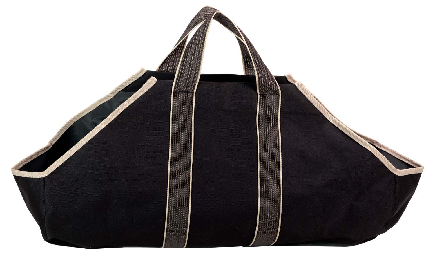 Black and tan canvas log carrier bag with two top handles, open trough shape
