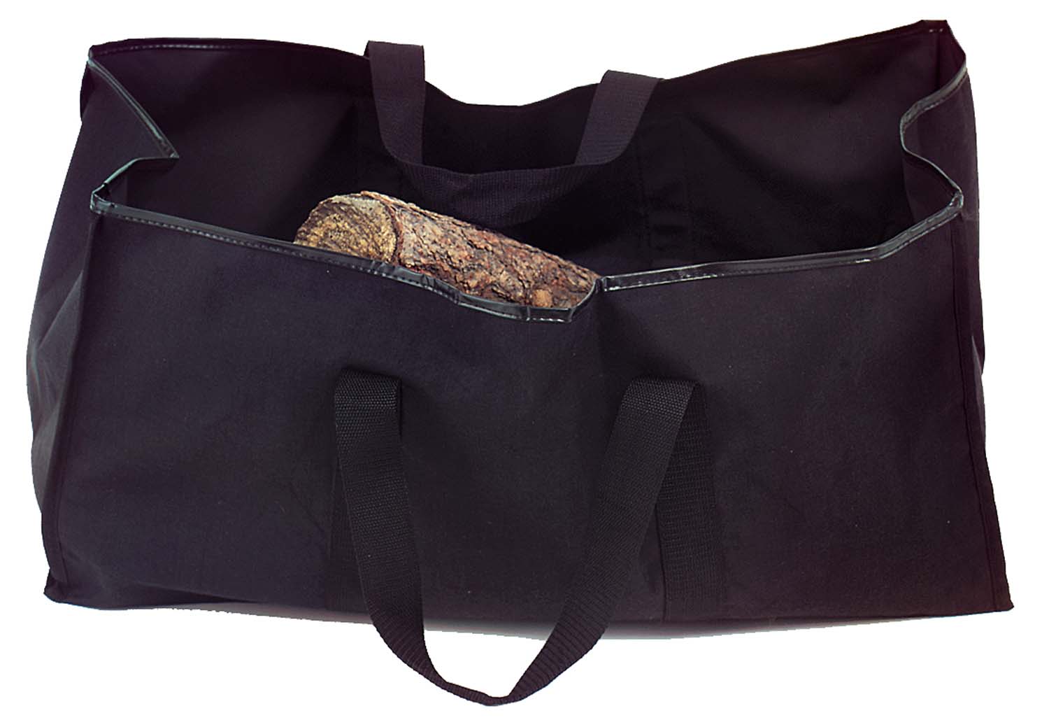 Dark fabric log carrier bag with stitched handles, open top for holding wood