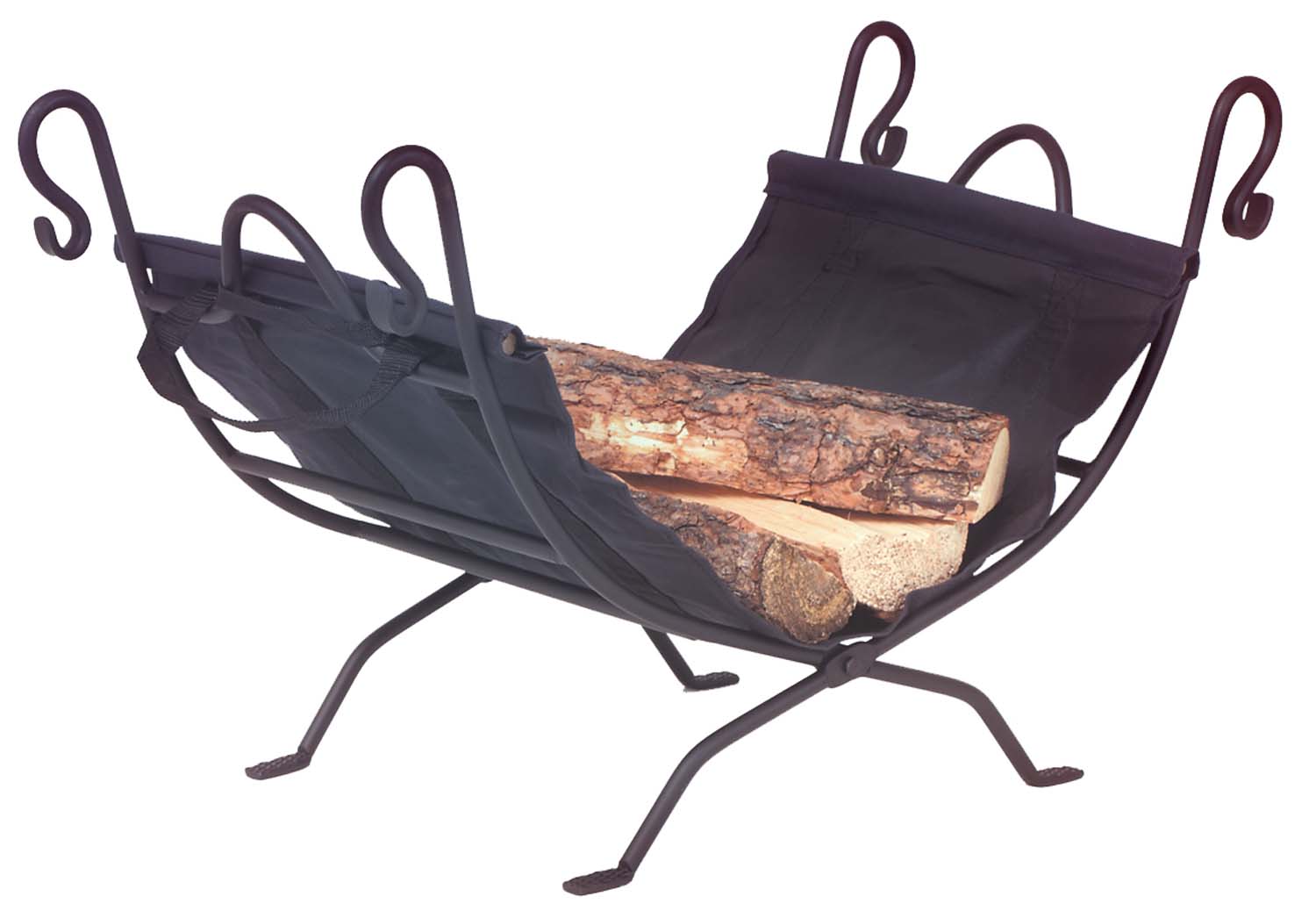 Black wrought iron log holder with curved stand and side panels holding firewood