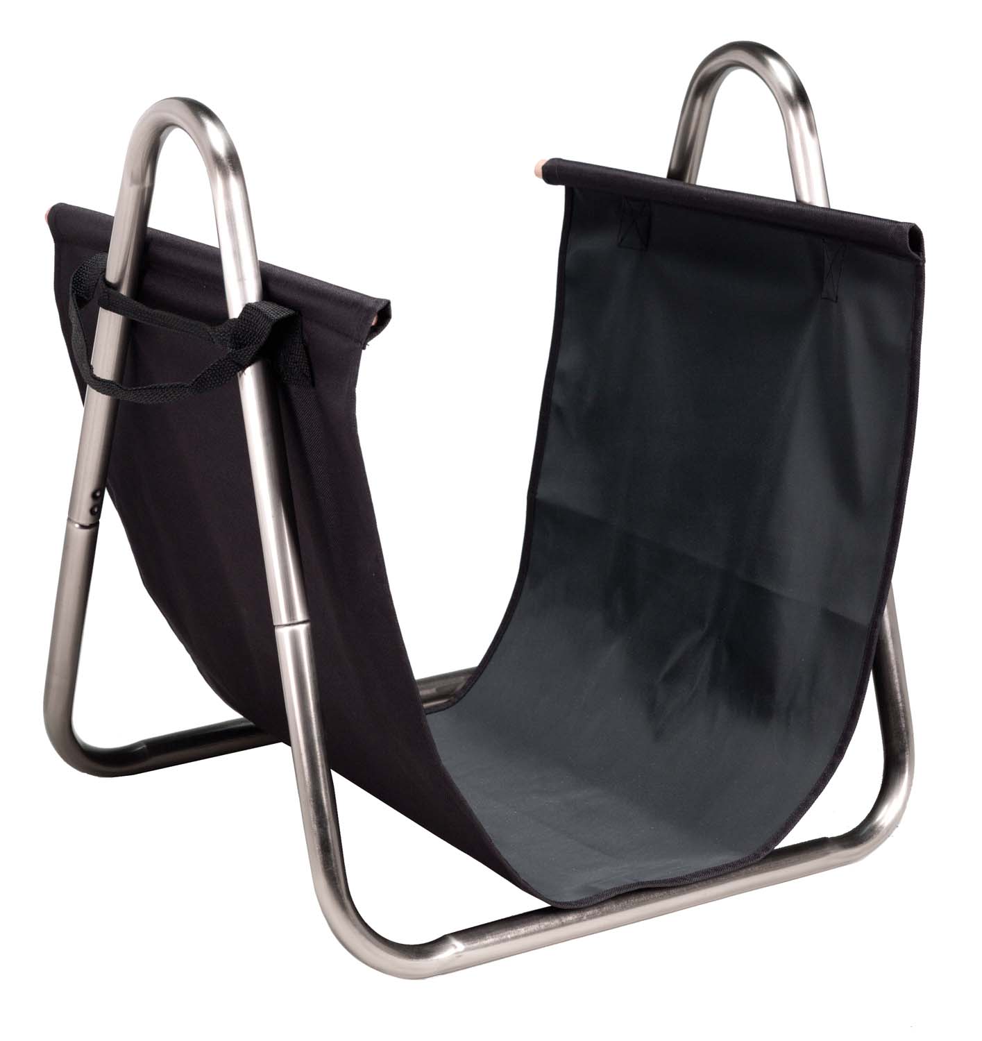 Black fabric log holder with pewter metal stand and curved carrying handles
