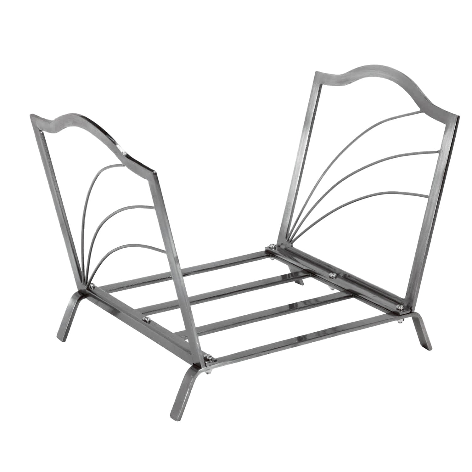 Satin nickel log holder rack with two curved end frames and three horizontal bars