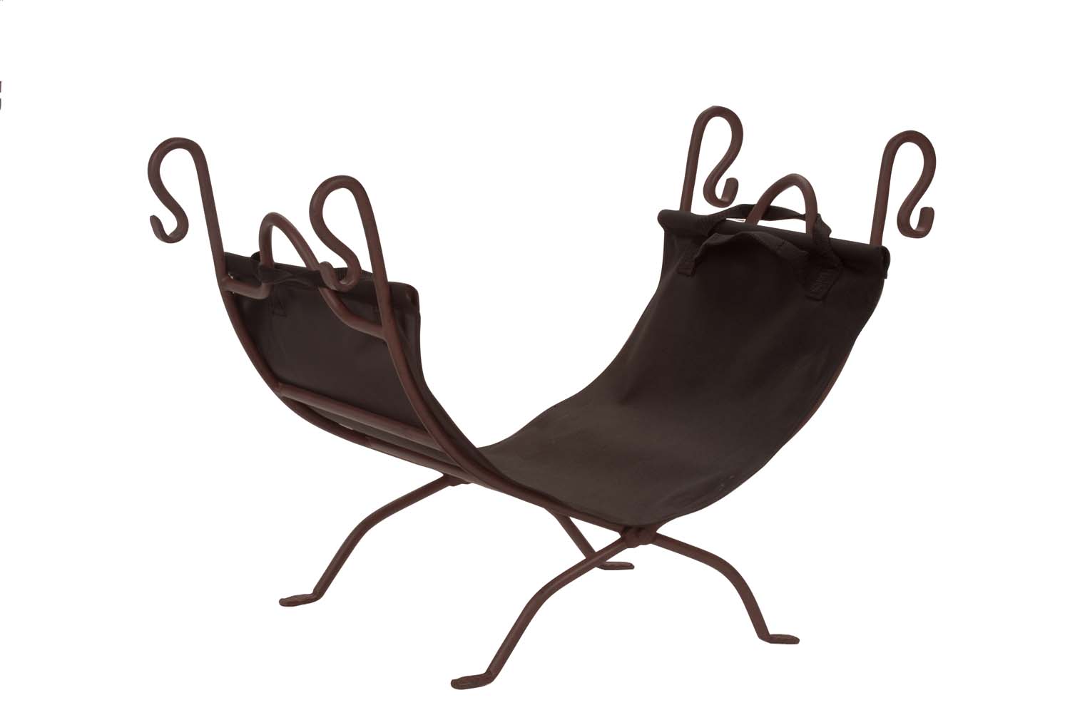 Bronze and black wrought iron log holder with curved scroll stand