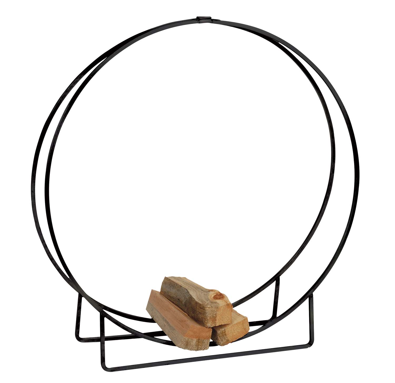 Black metal log hoop with circular ring and wood log pieces on base